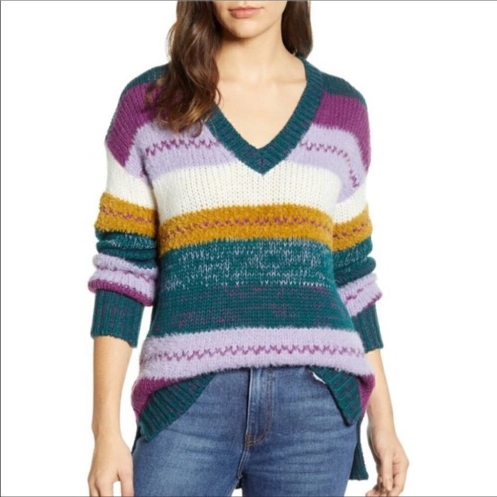 Caslon Mixed Stripe V-Neck Pullover Sweater Top 1X v6x